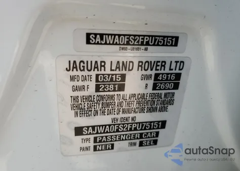 2015 Jaguar Xf 2.0T Premium z USA, uszkodzony, nr VIN SAJWA0FS2FPU75151